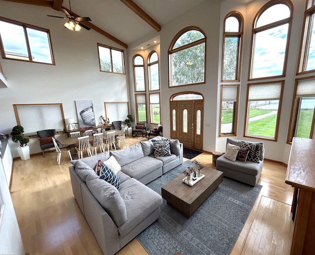 10125 Saint John Dr, Algonac, MI 48001 - living area featuring high vaulted ceiling, beamed ceiling, ceiling fan, light wood-style floors, and plenty of natural light