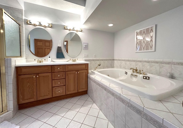 10125 Saint John Dr, Algonac, MI 48001 - full bath with double vanity, a bath, tile patterned floors, a stall shower, and recessed lighting