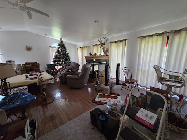 55305 Fairchild Rd, Macomb, MI 48042 - living room featuring hardwood / wood-style floors, a ceiling fan, and lofted ceiling