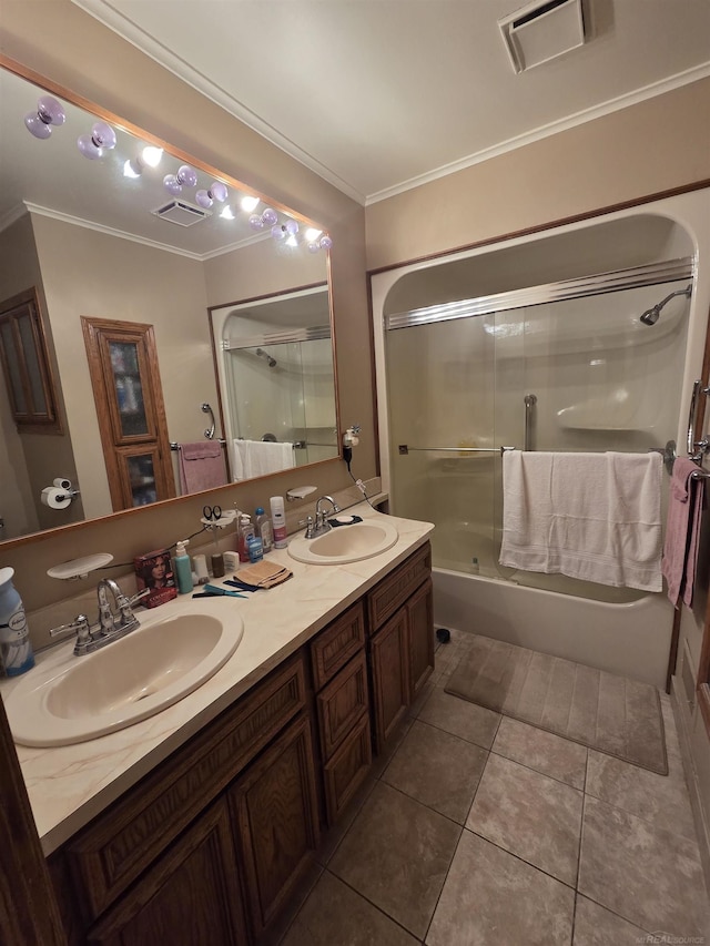 55305 Fairchild Rd, Macomb, MI 48042 - bathroom featuring ornamental molding, tile patterned floors, double vanity, and bath / shower combo with glass door