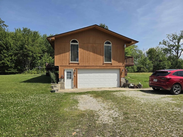 55305 Fairchild Rd, Macomb, MI 48042 - view of front of property featuring driveway, a front yard, a garage, and a wooden deck
