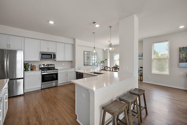 8599 Grove St, Washington Twp, MI 48094 - kitchen with stainless steel appliances, a kitchen bar, dark wood finished floors, light countertops, and white cabinetry