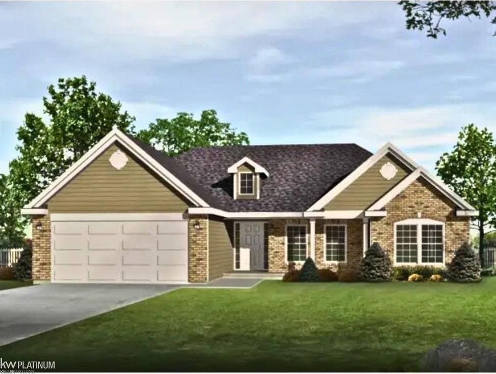 00 Hopps Rd, Port Huron, MI 48060 - view of front facade featuring concrete driveway, a front yard, a garage, and brick siding