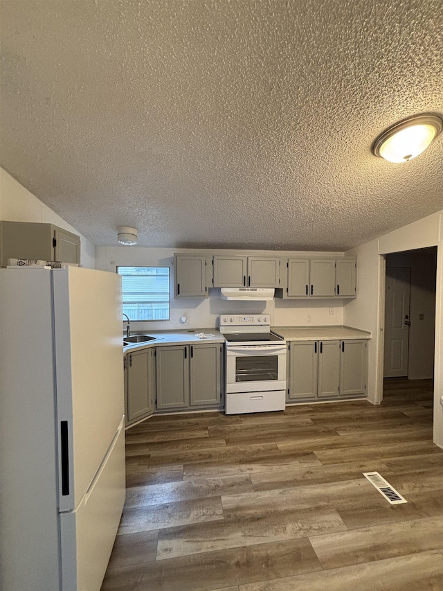 2299 Bart St, Croswell, MI 48422 - kitchen with white appliances, a textured ceiling, under cabinet range hood, wood finished floors, and light countertops