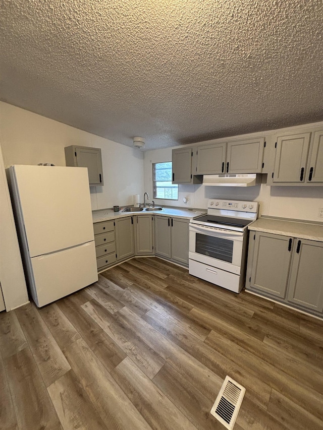 2299 Bart St, Croswell, MI 48422 - kitchen featuring white appliances, under cabinet range hood, gray cabinetry, a textured ceiling, and light countertops