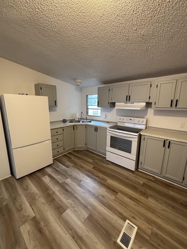 2299 Bart St, Croswell, MI 48422 - kitchen with white appliances, under cabinet range hood, gray cabinets, a textured ceiling, and light countertops