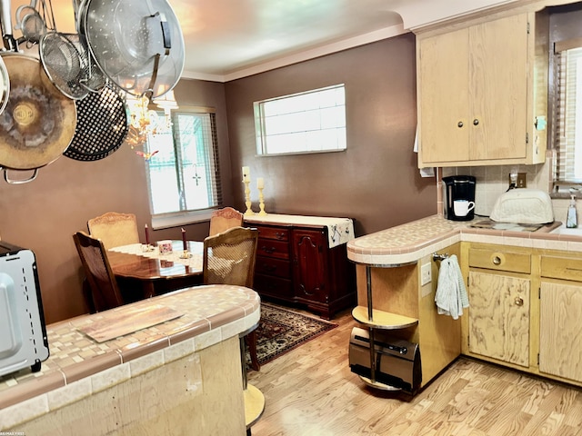 23311 Courtland Ave, Eastpointe, MI 48021 - kitchen featuring light wood finished floors, tile counters, crown molding, a peninsula, and backsplash