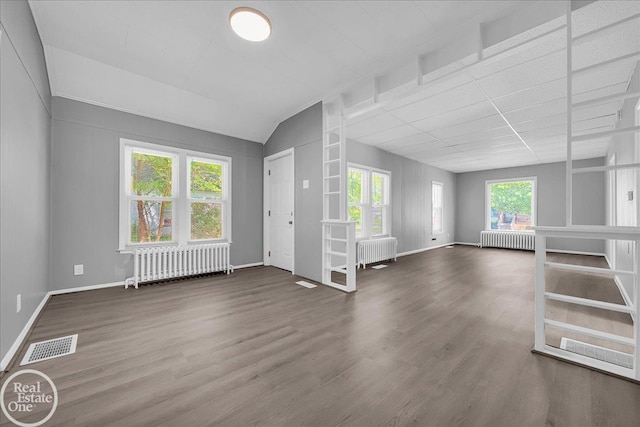 1118 Bancroft St, Port Huron, MI 48060 - unfurnished living room with radiator heating unit, wood finished floors, and lofted ceiling