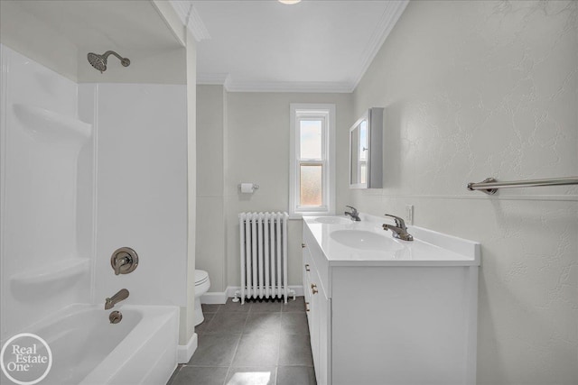 1118 Bancroft St, Port Huron, MI 48060 - bathroom with radiator, crown molding, double vanity, shower / bathtub combination, and tile patterned flooring