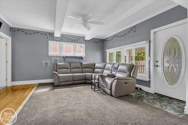 2019 Griswold St, Port Huron, MI 48060 - living room featuring a ceiling fan, beam ceiling, wood finished floors, and ornamental molding