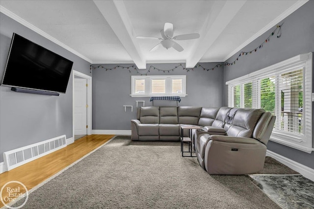 2019 Griswold St, Port Huron, MI 48060 - carpeted living room with a ceiling fan, beamed ceiling, crown molding, and wood finished floors