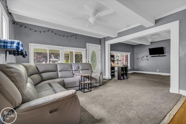 2019 Griswold St, Port Huron, MI 48060 - living room featuring beam ceiling, healthy amount of natural light, a ceiling fan, and crown molding