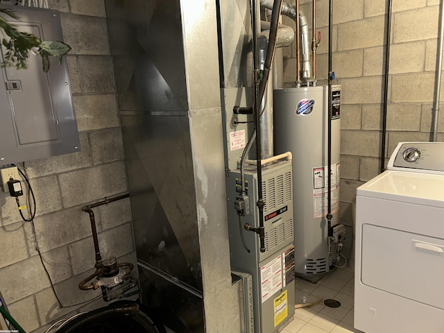 15 E Spring Ct Unit 12, Port Austin, MI 48467 - utility room with washer / clothes dryer, gas water heater, electric panel, and heating unit
