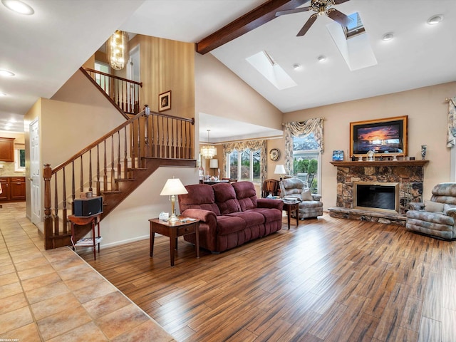 1008 Hidden Ln, Rochester Hills, MI 48309 - living room with wood finished floors, beamed ceiling, a ceiling fan, high vaulted ceiling, and stairs
