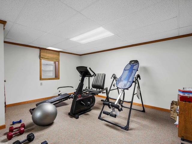 1008 Hidden Ln, Rochester Hills, MI 48309 - exercise room featuring a drop ceiling, carpet flooring, and ornamental molding