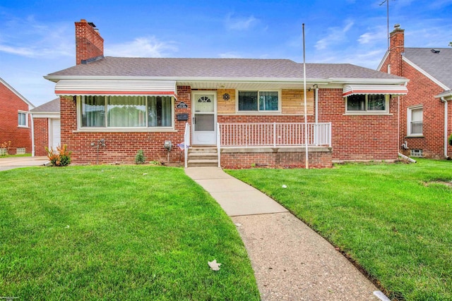 23716 Roxana Ave, Eastpointe, MI 48021 - bungalow featuring brick siding, a porch, a front lawn, a chimney, and a shingled roof