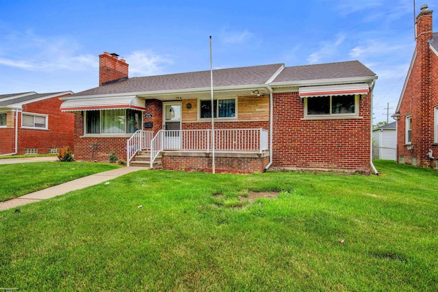 23716 Roxana Ave, Eastpointe, MI 48021 - view of front facade with brick siding, covered porch, a chimney, a front lawn, and a shingled roof