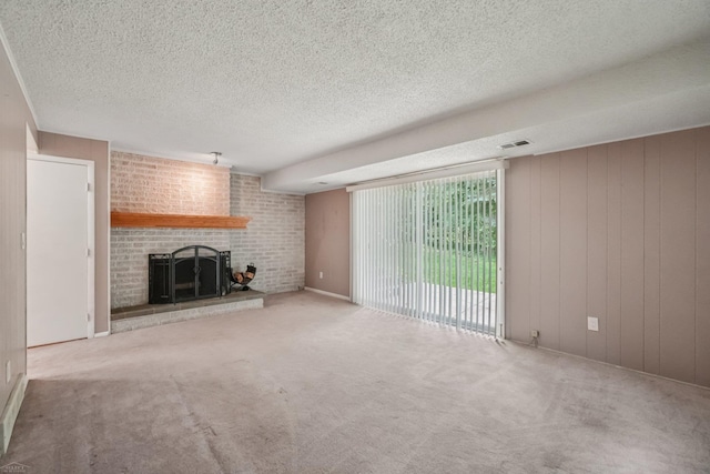 6575 Goldfinch Ln, Clarkston, MI 48346 - unfurnished living room featuring a brick fireplace, a textured ceiling, and carpet flooring
