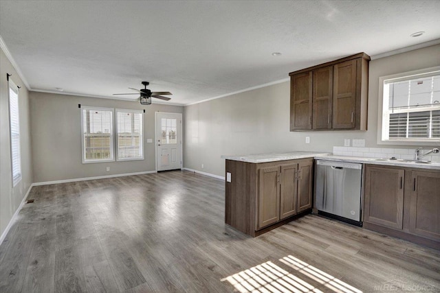 260 Meadow Ln, Port Huron, MI 48060 - kitchen featuring stainless steel dishwasher, crown molding, ceiling fan, light wood-type flooring, and a peninsula