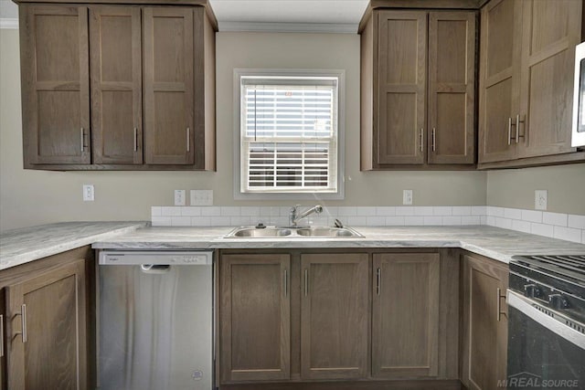 260 Meadow Ln, Port Huron, MI 48060 - kitchen with stainless steel dishwasher, crown molding, black range with gas cooktop, light countertops, and white microwave