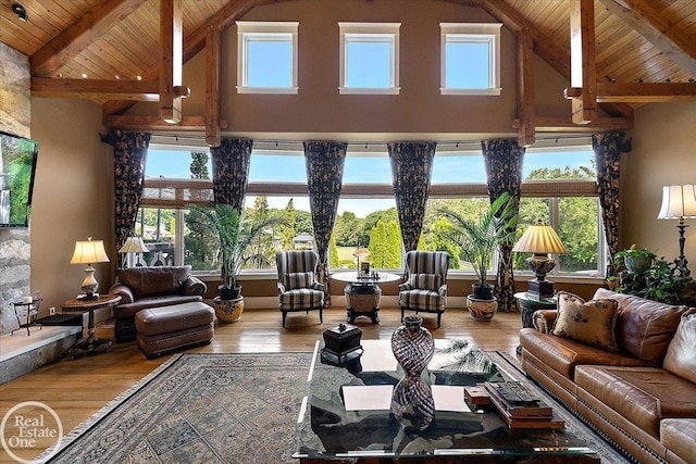 5350 Brewster Rd, Oakland Twp, MI 48306 - living area with high vaulted ceiling, wood finished floors, and a wooden ceiling with exposed beams
