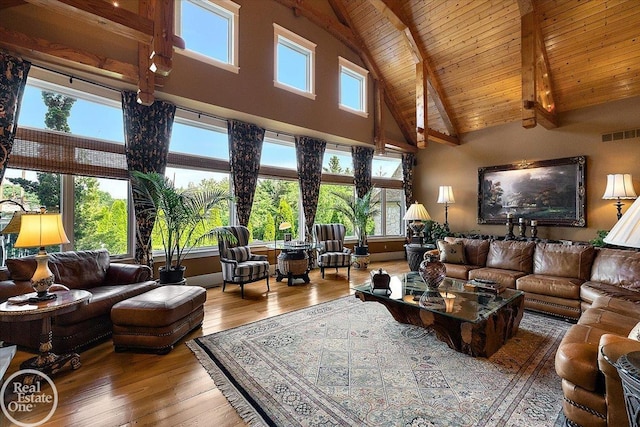 5350 Brewster Rd, Oakland Twp, MI 48306 - living area with high vaulted ceiling, a wooden ceiling with exposed beams, and wood-type flooring