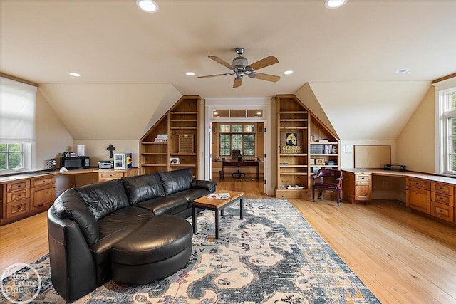 5350 Brewster Rd, Oakland Twp, MI 48306 - living room with an office area, lofted ceiling, ceiling fan, light wood-style flooring, and recessed lighting