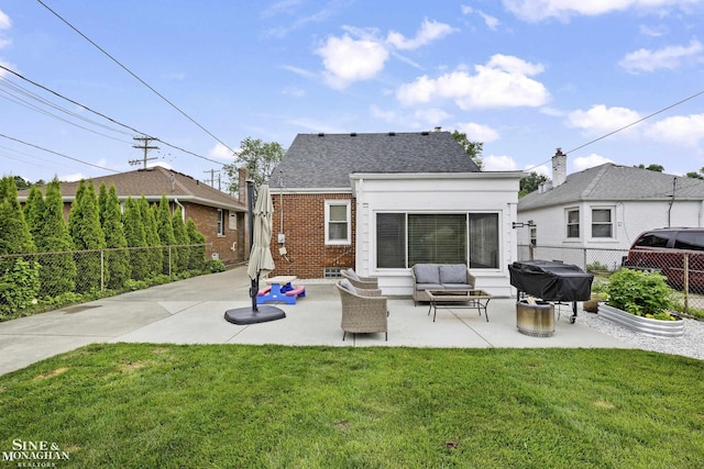1857 Roslyn Rd, Grosse Pointe Woods, MI 48236 - back of property featuring a patio, an outdoor living space, brick siding, and a fenced backyard