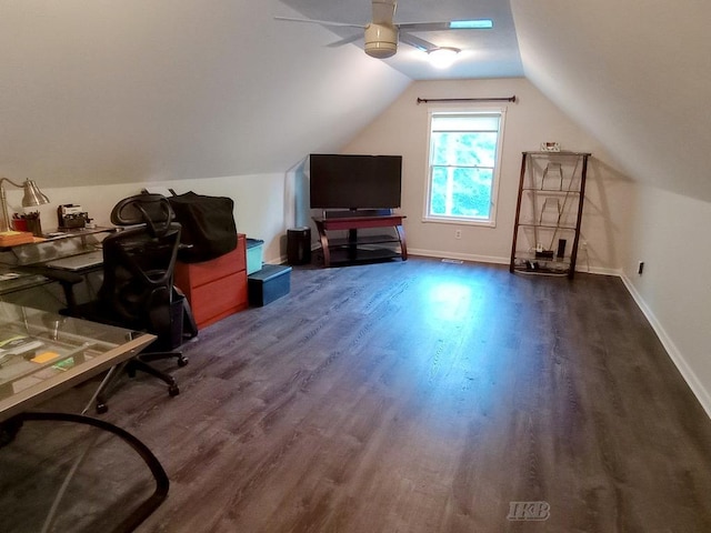 2308 S River Rd, Beaverton, MI 48612 - office space featuring dark wood-style floors, a ceiling fan, and lofted ceiling