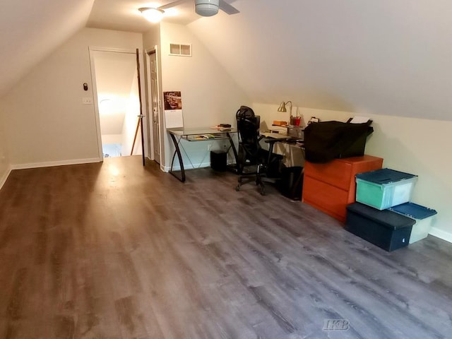 2308 S River Rd, Beaverton, MI 48612 - home office with ceiling fan, lofted ceiling, and wood finished floors