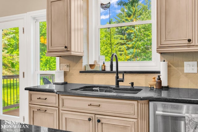 3325 Saint Andrews Dr, Port Huron, MI 48060 - kitchen with stainless steel dishwasher, tasteful backsplash, and dark stone counters