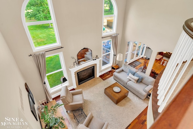 3325 Saint Andrews Dr, Port Huron, MI 48060 - living area with a towering ceiling, plenty of natural light, wood finished floors, and a fireplace with flush hearth