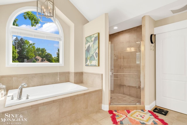 3325 Saint Andrews Dr, Port Huron, MI 48060 - bathroom with a stall shower, a bath, tile patterned floors, and a chandelier