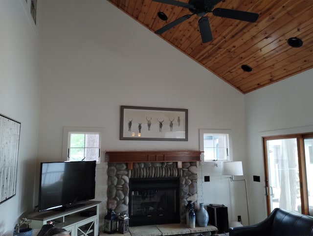 11374 S Shore Dr, Lake, MI 48632 - living room featuring high vaulted ceiling, wood ceiling, ceiling fan, plenty of natural light, and a stone fireplace