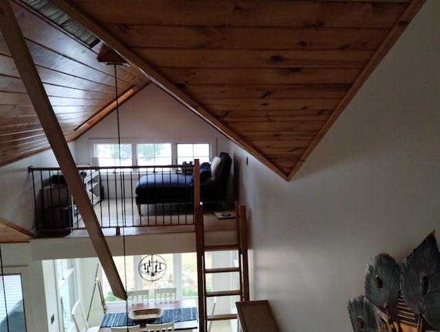 11374 S Shore Dr, Lake, MI 48632 - stairs featuring wooden ceiling and lofted ceiling