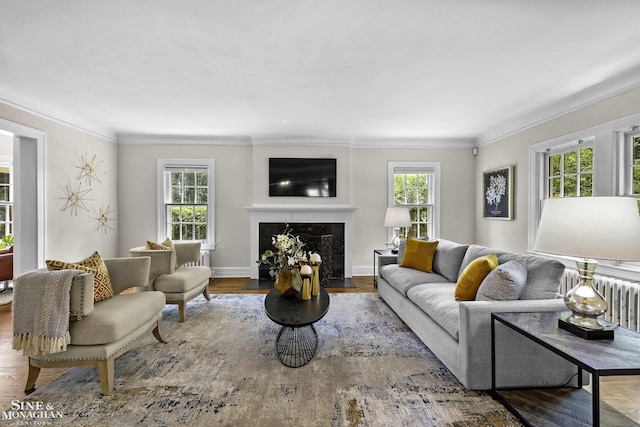 488 University Pl, Grosse Pointe, MI 48230 - living area with wood finished floors, ornamental molding, and a fireplace