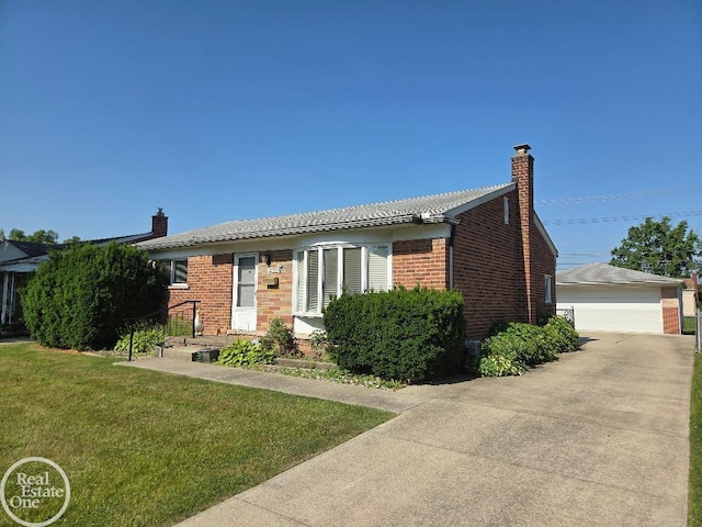 25227 Marilyn Ave, Warren, MI 48089 - single story home featuring brick siding, a chimney, an outbuilding, and a front yard