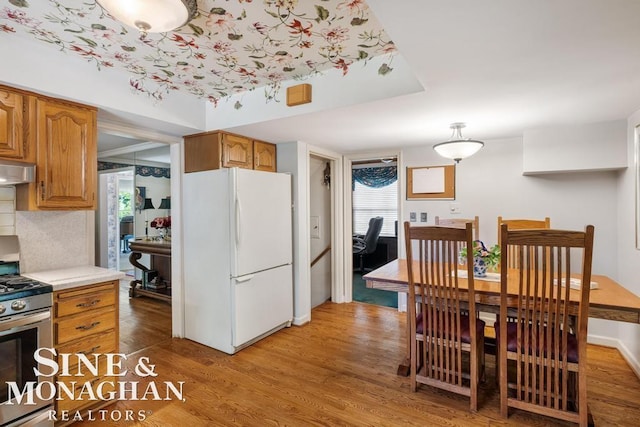 28 Hampton Rd, Grosse Pointe Shores, MI 48236 - kitchen featuring freestanding refrigerator, stainless steel range with gas cooktop, light wood-style flooring, light countertops, and under cabinet range hood