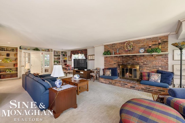 28 Hampton Rd, Grosse Pointe Shores, MI 48236 - carpeted living room featuring a fireplace and crown molding