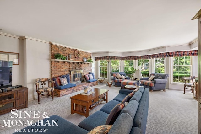 28 Hampton Rd, Grosse Pointe Shores, MI 48236 - carpeted living area with ornamental molding and a fireplace