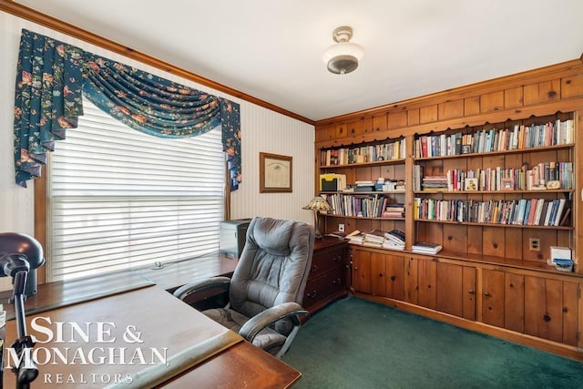 28 Hampton Rd, Grosse Pointe Shores, MI 48236 - office with ornamental molding, carpet flooring, and wallpapered walls