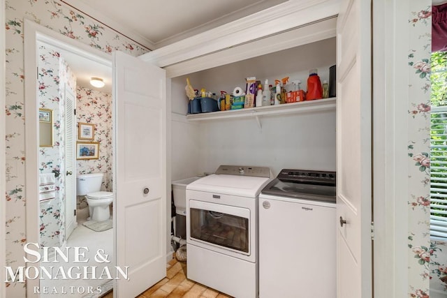 28 Hampton Rd, Grosse Pointe Shores, MI 48236 - washroom with wallpapered walls, washing machine and dryer, and ornamental molding