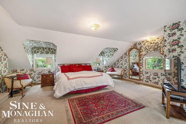 28 Hampton Rd, Grosse Pointe Shores, MI 48236 - carpeted bedroom featuring wallpapered walls and lofted ceiling