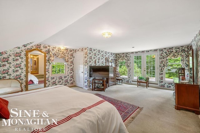 28 Hampton Rd, Grosse Pointe Shores, MI 48236 - bedroom featuring wallpapered walls, carpet floors, and french doors