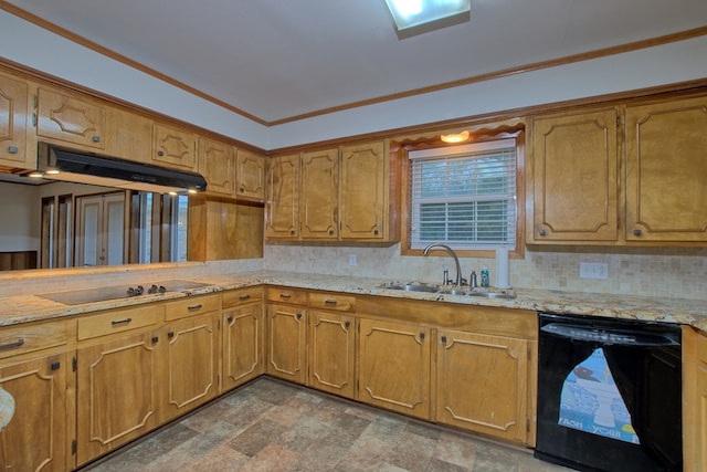 kitchen with light stone countertops, sink, crown molding, decorative backsplash, and black appliances