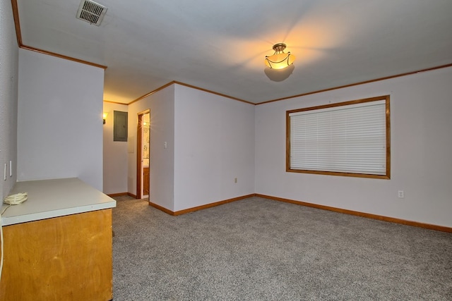 unfurnished room featuring ornamental molding, light carpet, and electric panel