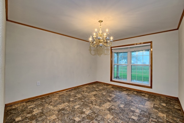 empty room featuring a notable chandelier and ornamental molding