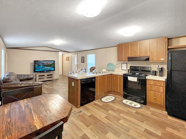 228 Blue Jay Dr, Brookeland, TX 75931 - kitchen featuring vaulted ceiling, a sink, light wood-style flooring, a peninsula, and black appliances