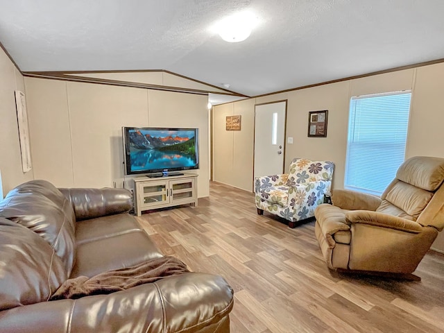 228 Blue Jay Dr, Brookeland, TX 75931 - living room featuring a textured ceiling, ornamental molding, vaulted ceiling, and light wood-style floors