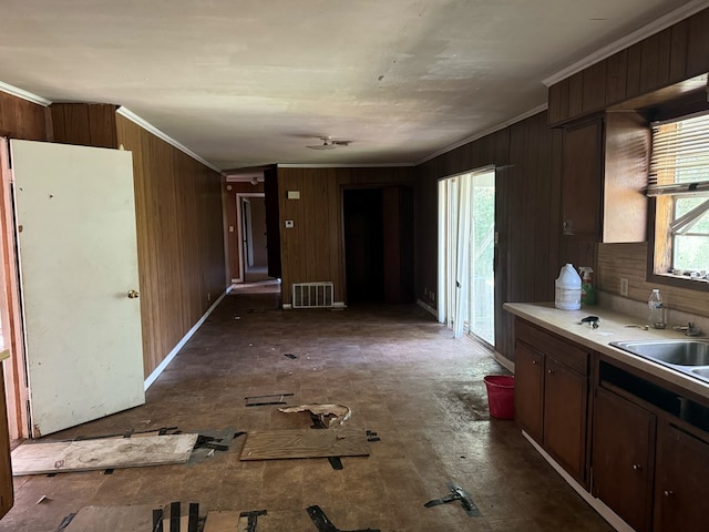 kitchen with dark brown cabinets, wood walls, ornamental molding, and sink